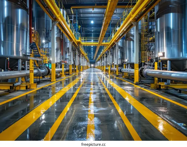 Industrial Interior with Yellow Pipes and Catwalks