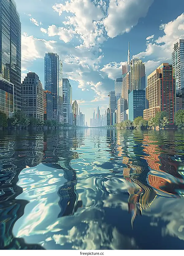 Modern City Skyline Reflected on Water