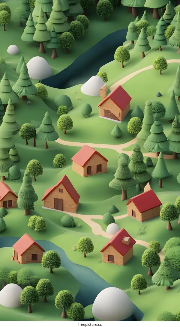 Green Forest Village with Wooden Houses and Winding Road