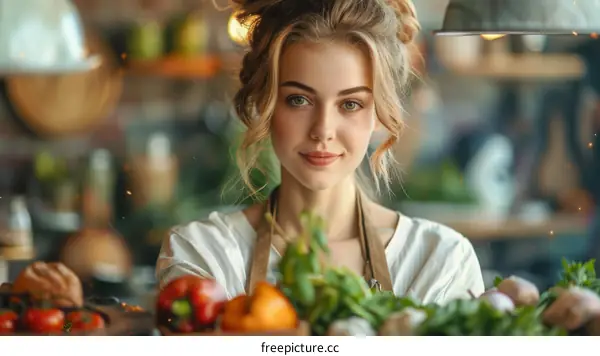 Portrait of a beautiful young woman with blonde hair and green eyes in a white shirt and apron standing in a kitchen.