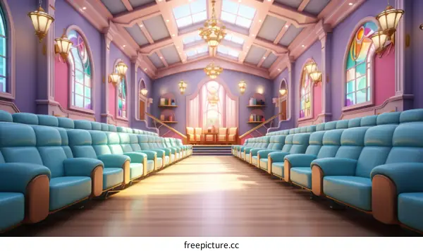 Large Hall Interior with Blue Chairs and Stage