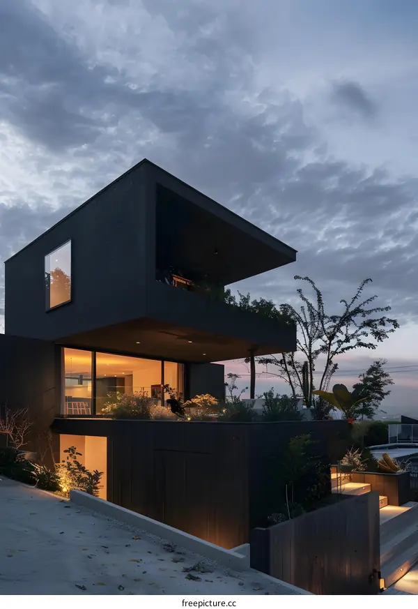 Modern Black House with a Large Window and a Garden