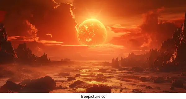 Red Sky and Clouds with a Large Glowing Moon