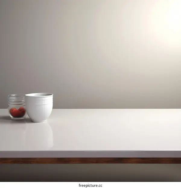 An empty bowl and a jar of strawberries sit on a table.