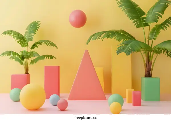 Abstract Geometric Shapes Background with Palm Trees and Colorful Balls