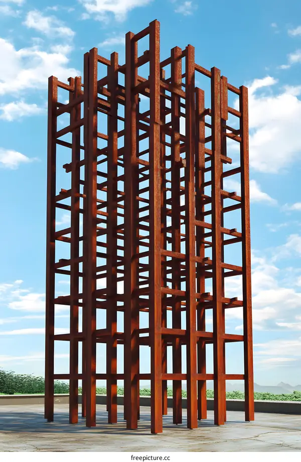 Rusty Abstract Metal Structure Sculpture Against Blue Sky