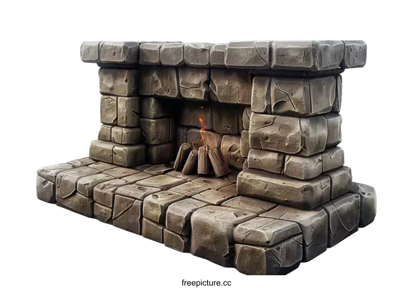 [Transparent Background PNG]Ancient Stone Fireplace with Burning Fire