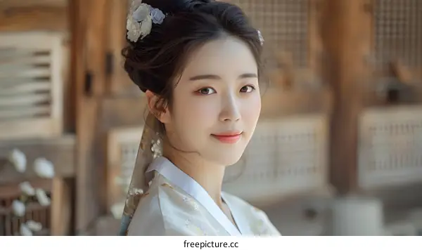 Portrait of a young Korean woman in traditional Hanbok dress