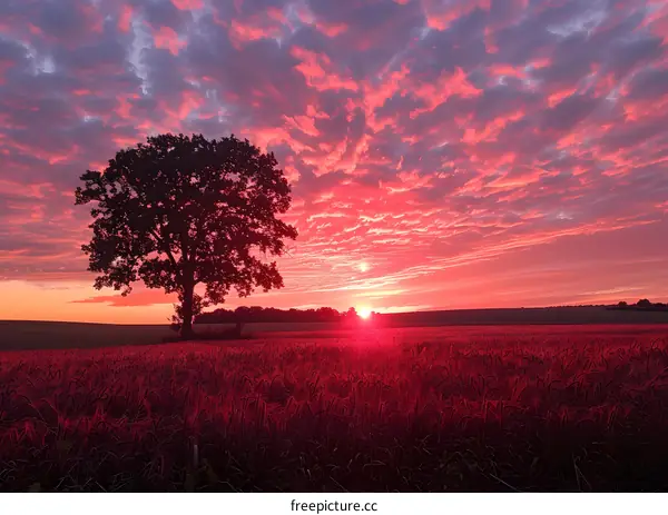 The setting sun casts a pink glow over a field of wheat.