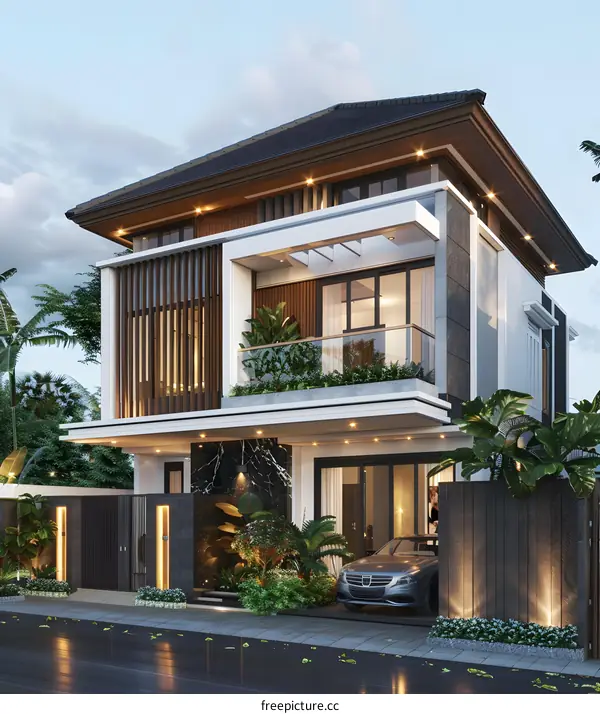 Modern Two Storey House with Car and Garden