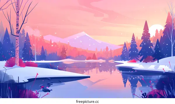 Winter Landscape with Frozen Lake and Mountains in Pink and Blue Tones