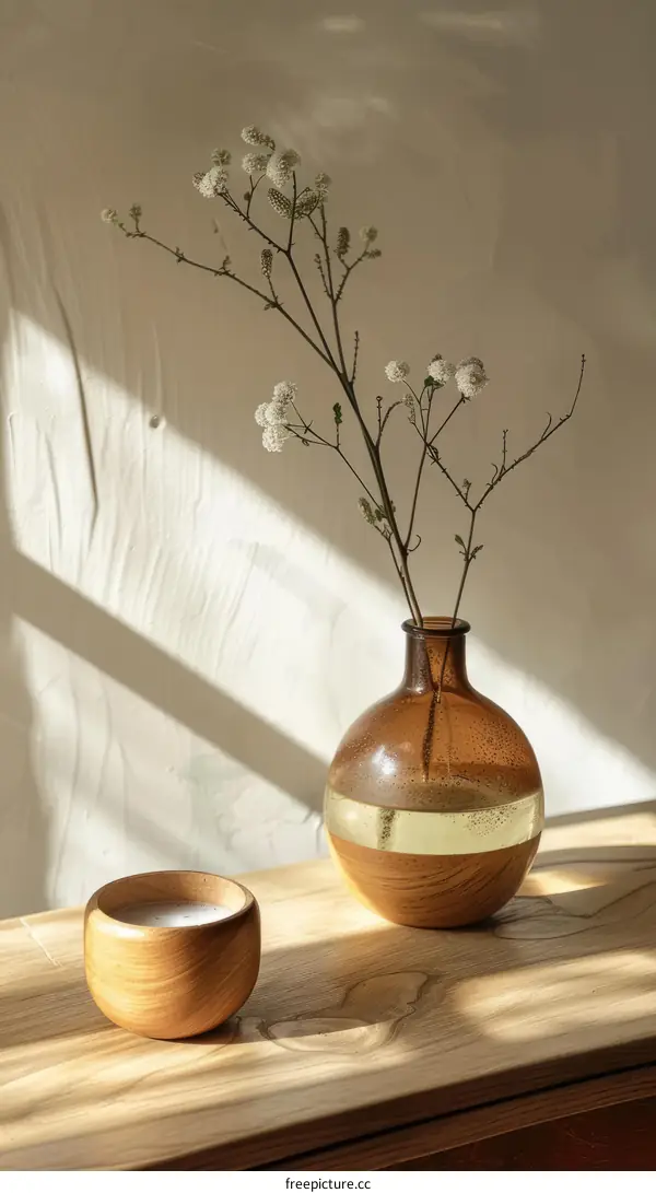 Still life with a vase of flowers and a wooden bowl