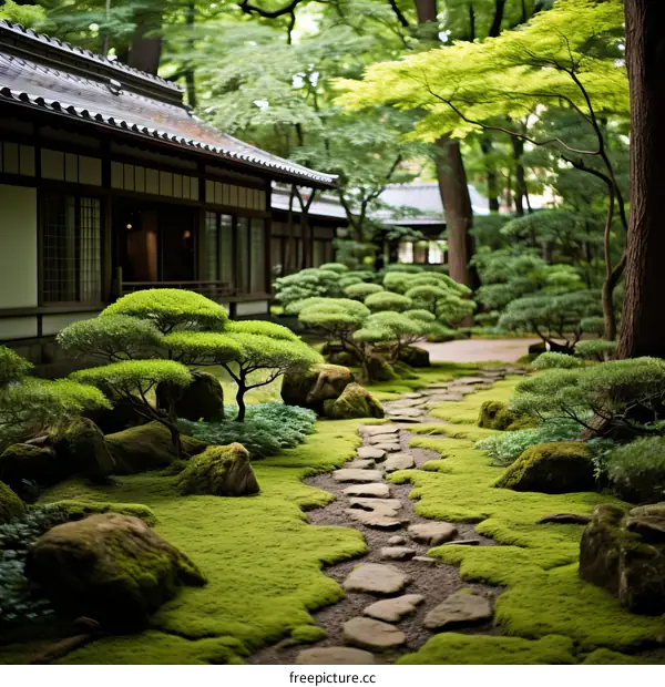 A beautiful Japanese garden with a stone path, trees, and moss