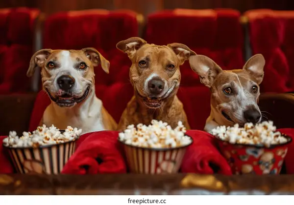 Three dogs are watching a movie in a movie theater