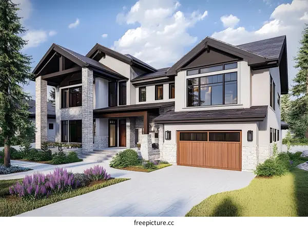 Modern House with Stone Facade and Large Windows