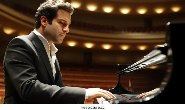 Man Playing Piano on Stage in Concert Hall