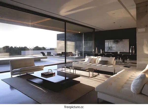 Modern Living Room with Large Windows and View of Pool