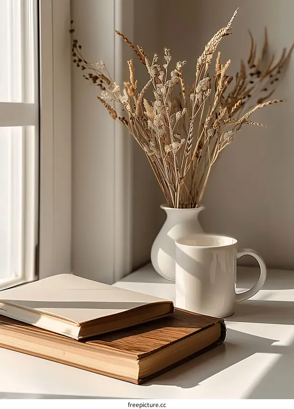 Minimalist Home Decor with Dried Flowers, Books, and a Mug