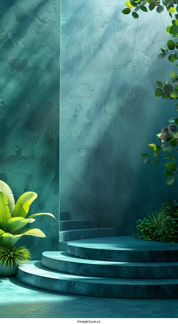 Teal Concrete Steps with Tropical Plants