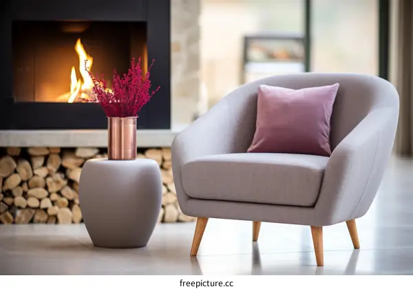 Modern minimalist living room interior with gray armchair and copper vase with pink flowers by fireplace