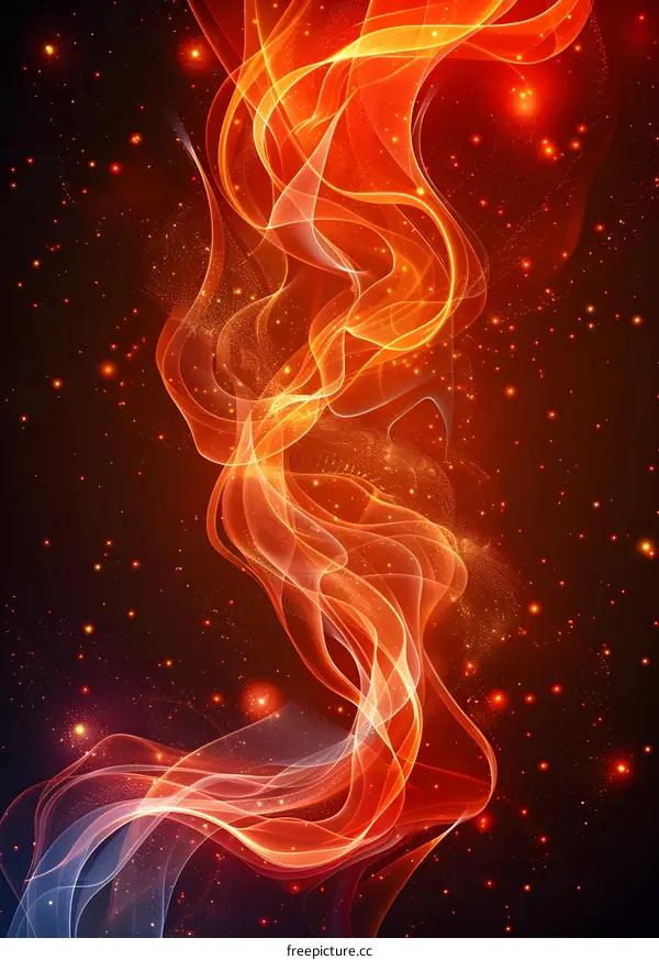 Abstract red and orange wavy fire flame with shiny particles on dark background