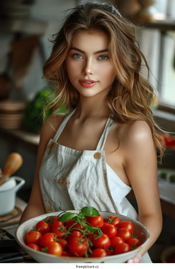 Young Woman in Apron Holding Bowl of Tomatoes