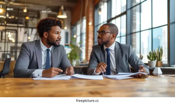 Two businessmen in suits having a meeting in an office