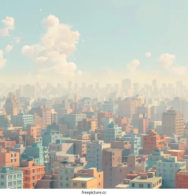 An aerial view of a city with many tall skyscrapers amidst smog