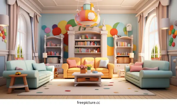 A brightly colored living room with a sofa, coffee table, rug, and bookshelves.