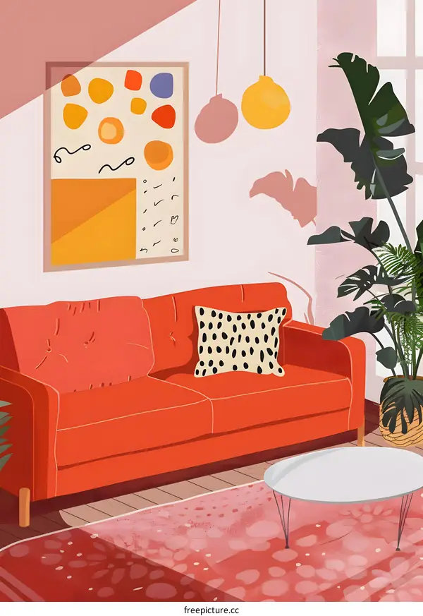 Modern Living Room Interior Design Illustration with Red Sofa and Plants