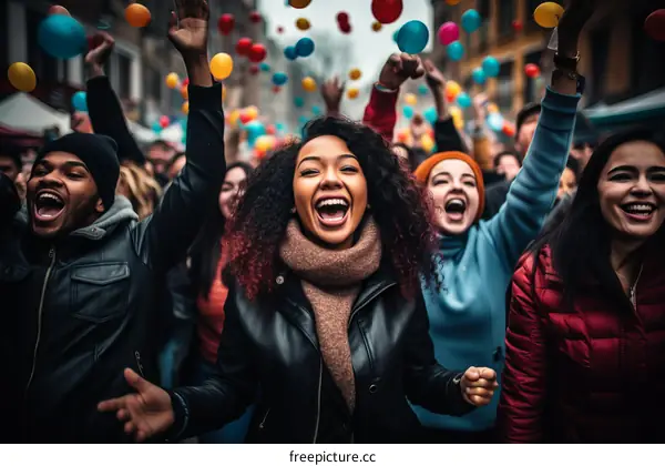 A group of diverse people are celebrating with colorful balloons in the air.