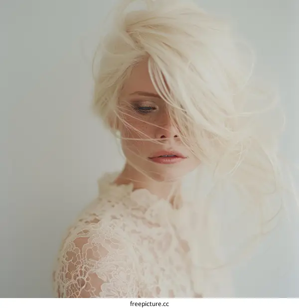Portrait of a young woman with long blonde hair and freckles wearing a white lace dress