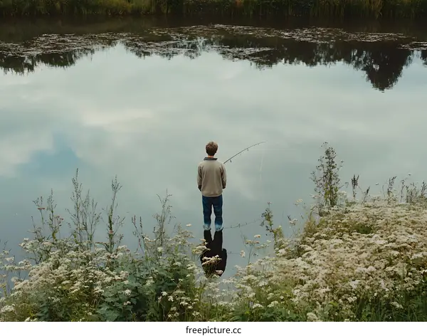 Man Fishing Alone on a Lake
