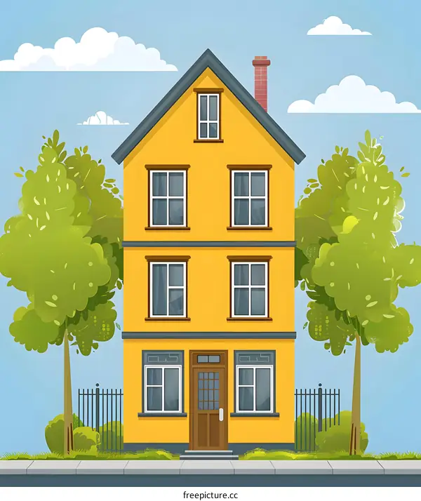 Yellow House with Green Trees and Blue Sky