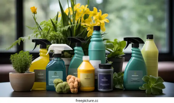 A variety of gardening tools and supplies are arranged on a wooden table