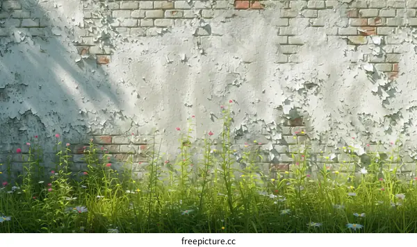 Weathered brick wall with plants growing in front of it