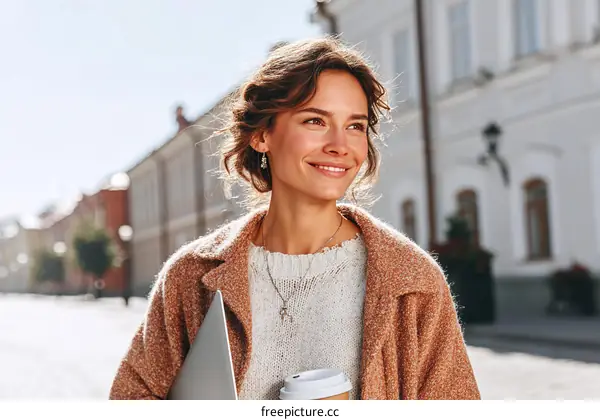Smiling woman walking outdoors with coffee and laptop