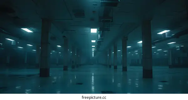 Empty Industrial Building Interior With Lights