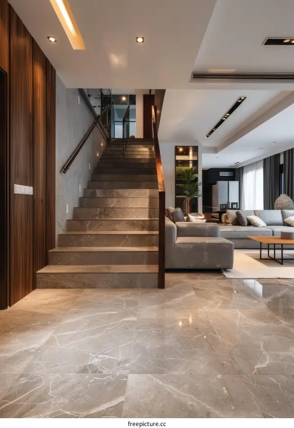 Modern Luxury Living Room with Marble Floor and Staircase