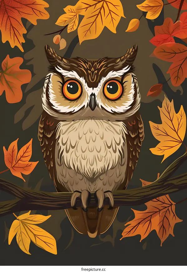 Autumn Owl Illustration With Leaves