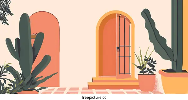 Cactus and Doorway Illustration, Minimalist  Art