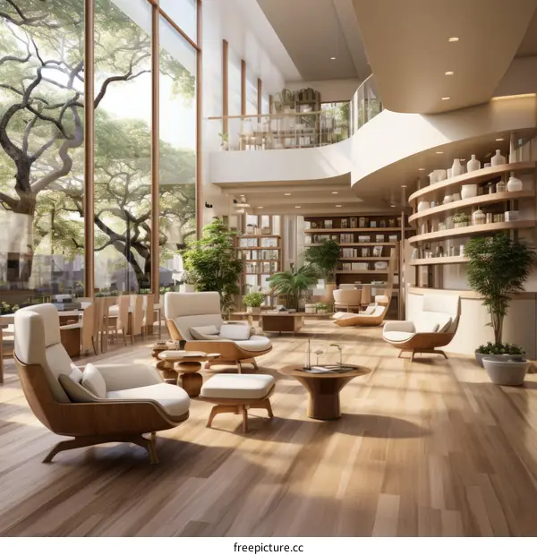 Modern library interior with large windows and wooden furniture