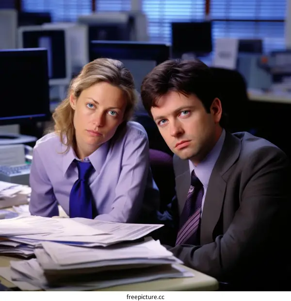 Two serious office workers staring at the camera