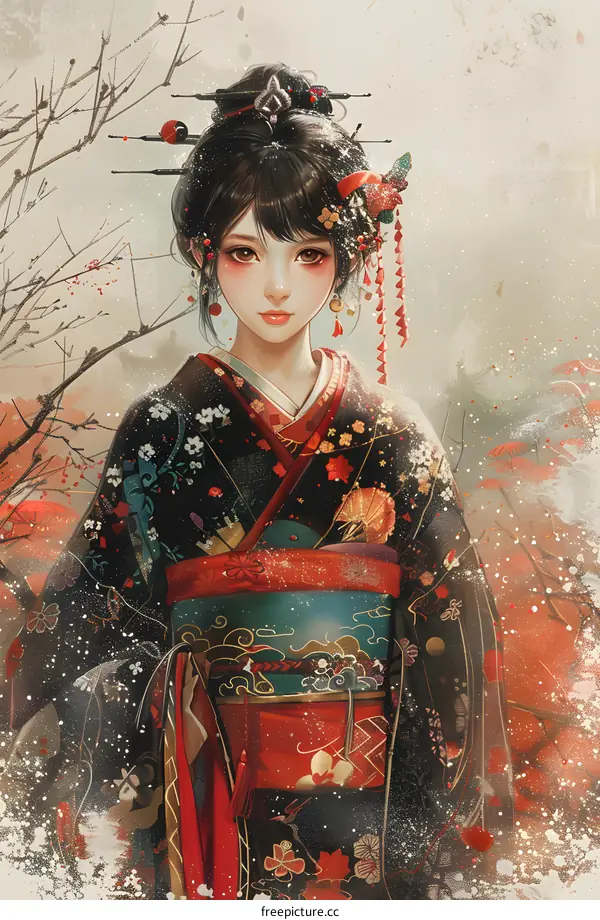 A beautiful Japanese woman in a kimono standing in a snowy forest