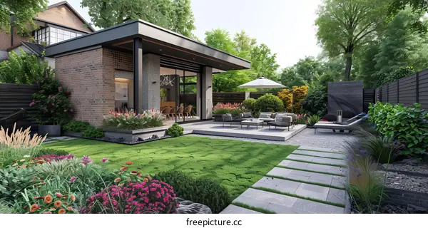 Modern Backyard with Patio, Garden, and Seating Area