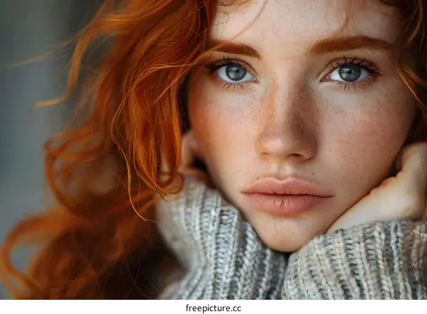 Portrait of a beautiful redheaded woman with freckles