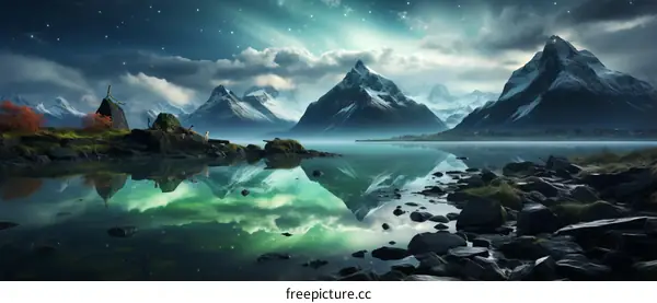 Aurora borealis over a mountain lake in Norway