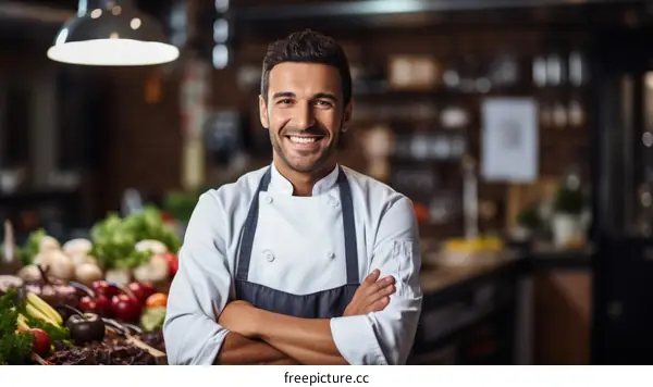 Portrait of a male chef smiling in a commercial kitchen