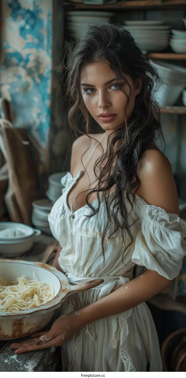 A Young Woman with a Pot of Spaghetti in a Rustic Kitchen