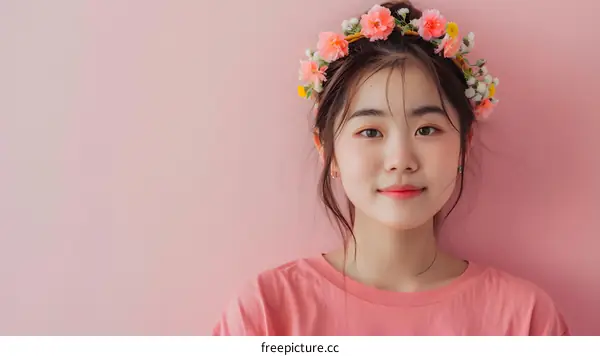 Young Asian Woman With Flower Crown In Pink Tshirt